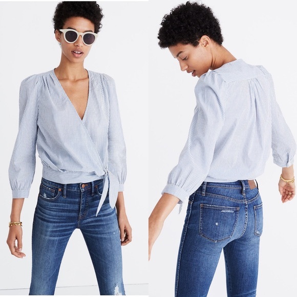 Madewell Tops - Madewell Wrap Top in Indigo Stripe XXL tie side